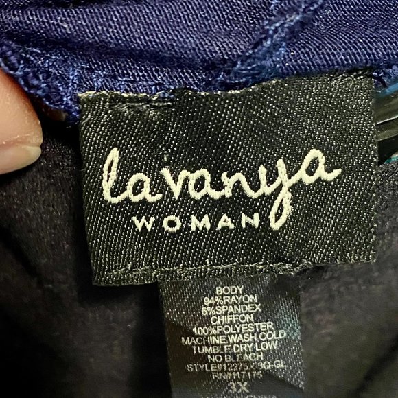 LAVANYA 3X Navy Rayon knit Hi-Lo Duster w/Luxurious embroidered chiffon panel - Picture 7 of 9